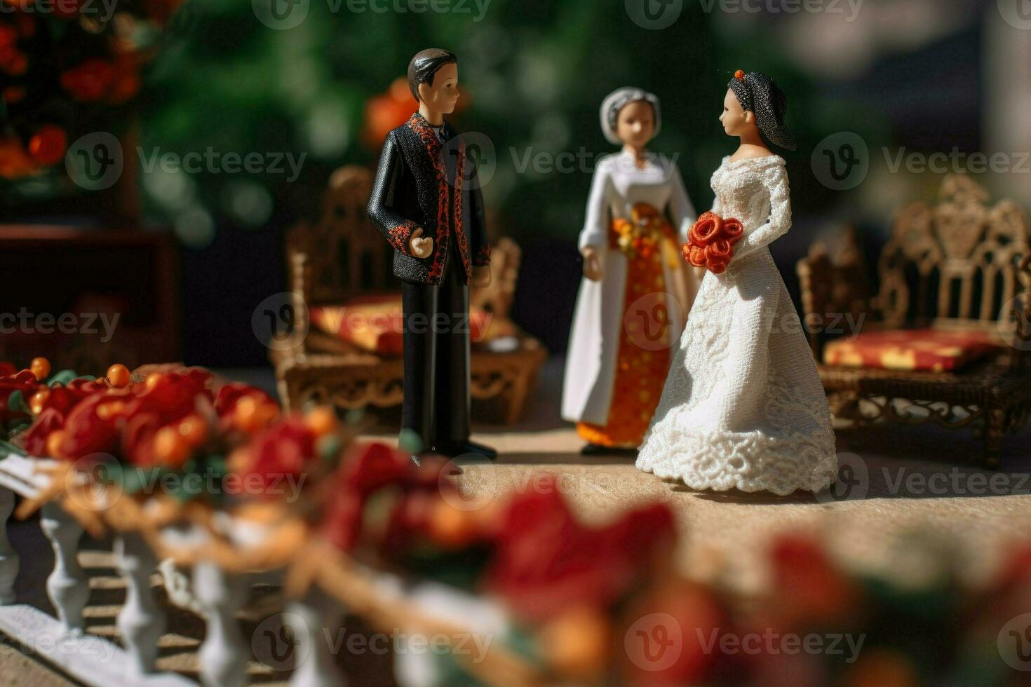 Spanish or Mexican wedding in miniature style. Two lovers in beautiful wedding dresses. Little toy husband and wife. Concept of love, romance created with Generative AI Technology photo