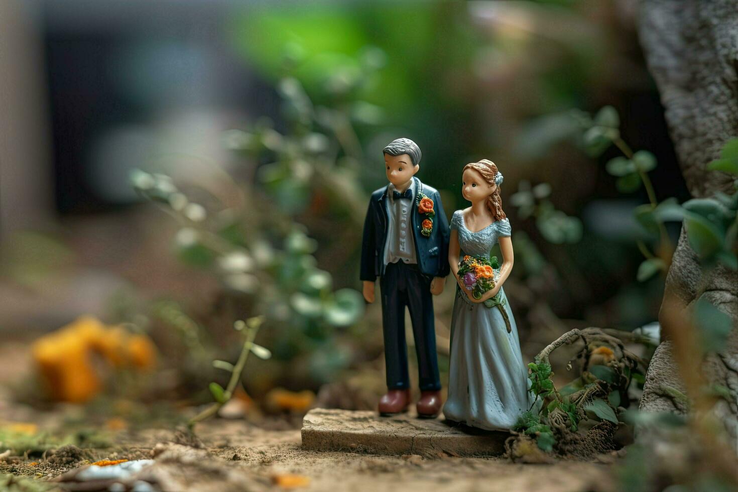 Miniature figure of newlyweds. Husband and wife in wedding attire. Concert of classic wedding and romantic Valentine's day. Happy little toy man and woman created with Generative AI Technology photo