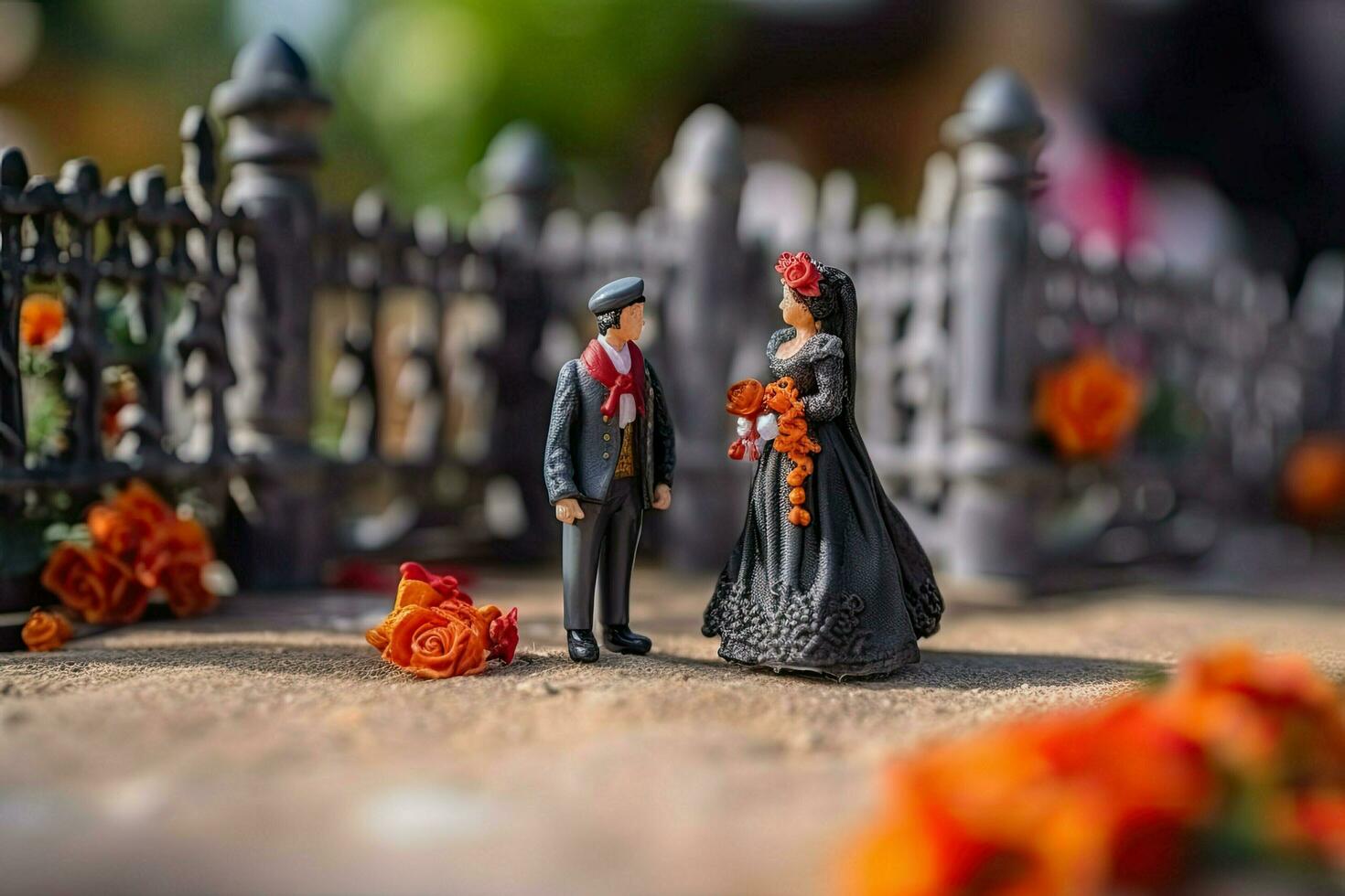 Spanish or Mexican wedding in miniature style. Two lovers in beautiful wedding dresses. Little toy husband and wife. Concept of love, romance created with Generative AI Technology photo