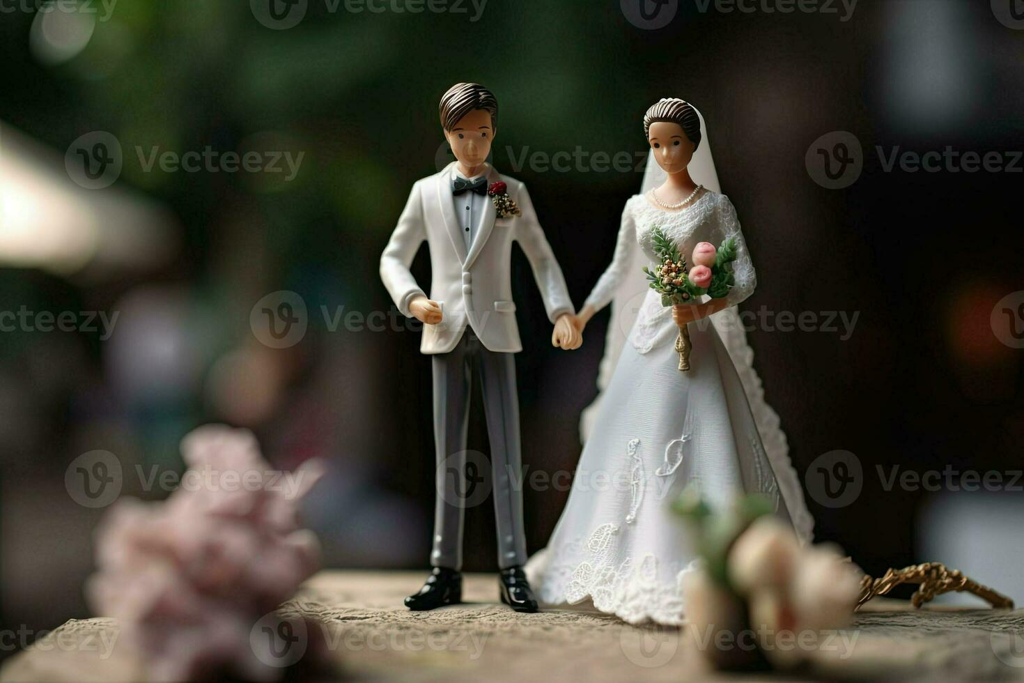 miniatura figura de recién casados. marido y esposa en Boda atuendo. concierto de clásico Boda y romántico San Valentín día. contento pequeño juguete hombre y mujer creado con generativo ai tecnología foto