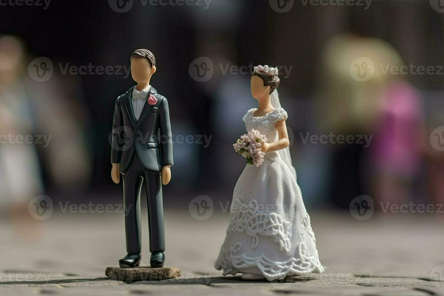 miniatura figura de recién casados. marido y esposa en Boda atuendo. concierto de clásico Boda y romántico San Valentín día. contento pequeño juguete hombre y mujer creado con generativo ai tecnología foto