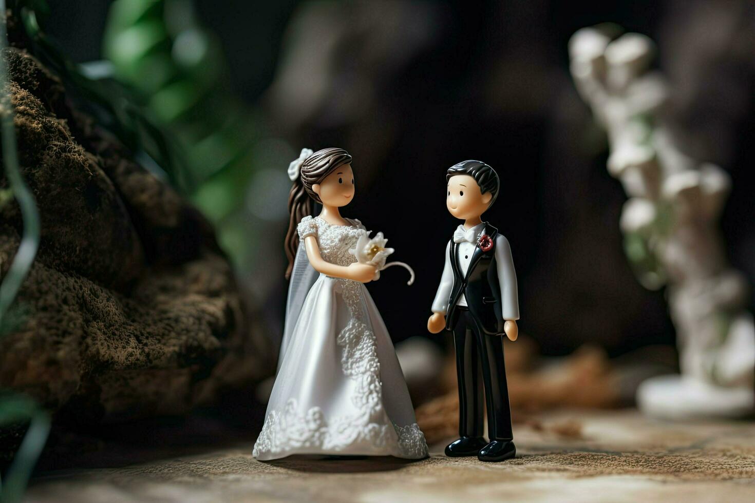 miniatura figura de recién casados. marido y esposa en Boda atuendo. concierto de clásico Boda y romántico San Valentín día. contento pequeño juguete hombre y mujer creado con generativo ai tecnología foto