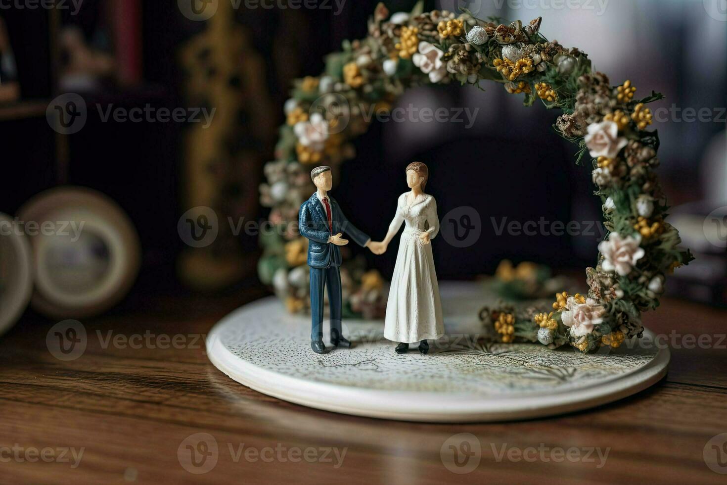miniatura figura de recién casados. marido y esposa en Boda atuendo. arco y decoraciones con flores contento pequeño juguete hombre y mujer creado con generativo ai tecnología foto