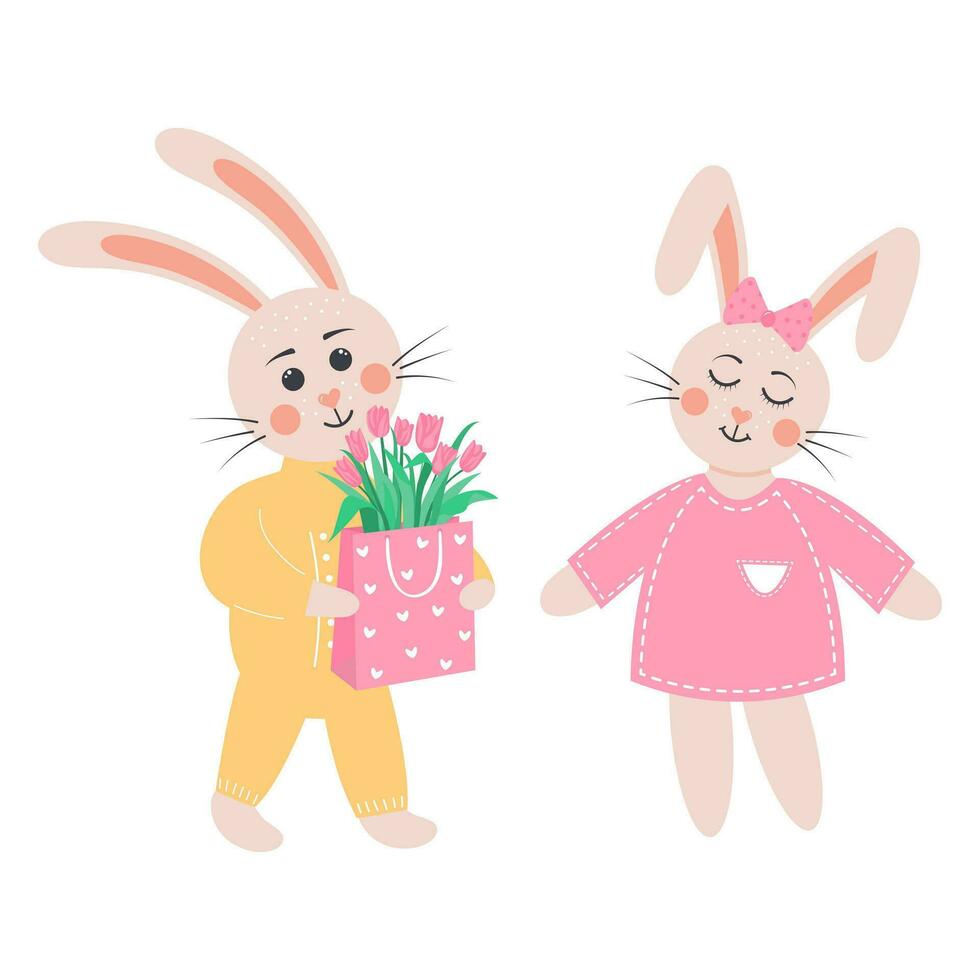 linda conejos en amor. conejito chico da un bolso de tulipanes a un conejito muchacha. dibujos animados bosque caracteres. vector