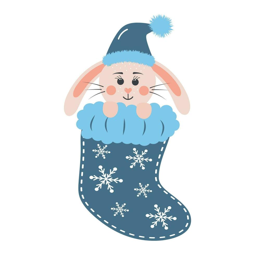 linda bebé Conejo en un Navidad calcetín. conejito chico en un calentar invierno sombrero. dibujos animados bosque personaje. vector