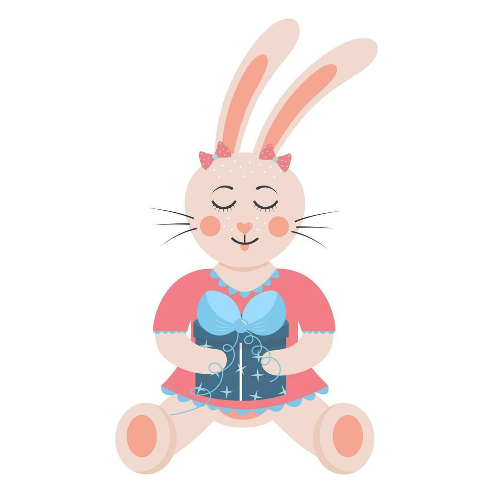 Cute rabbit holding a gift box. Bunny girl sitting in a dress. Cartoon forest character. vector