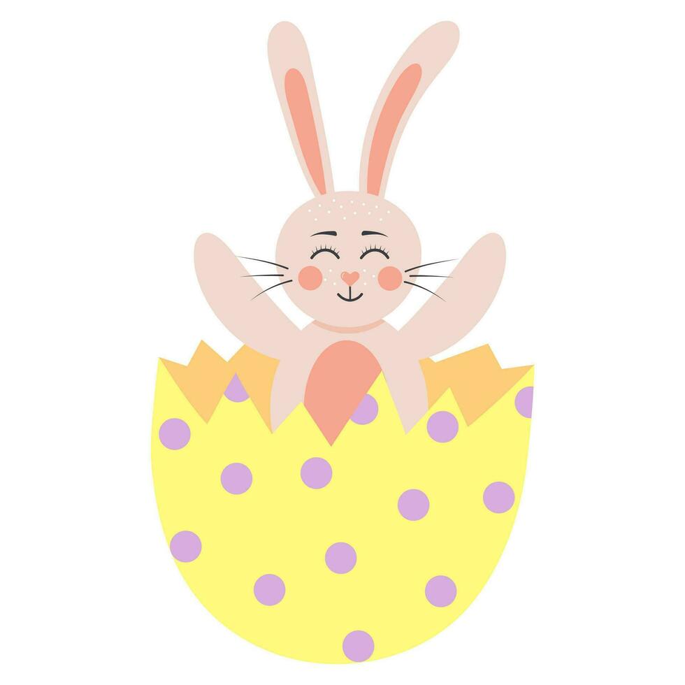 Cute rabbit sitting in a cracked egg. Easter bunny boy. Cartoon forest character. vector