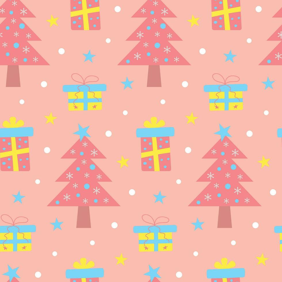 Cute pink christmas tree, gifts and stars seamless pattern. Glamour pastel christmas print for wrapping or textile. vector