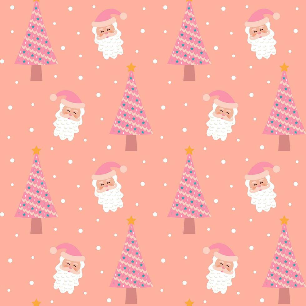 Cute pink christmas tree and santa claus seamless pattern. Glamour pastel christmas print for wrapping or textile. vector