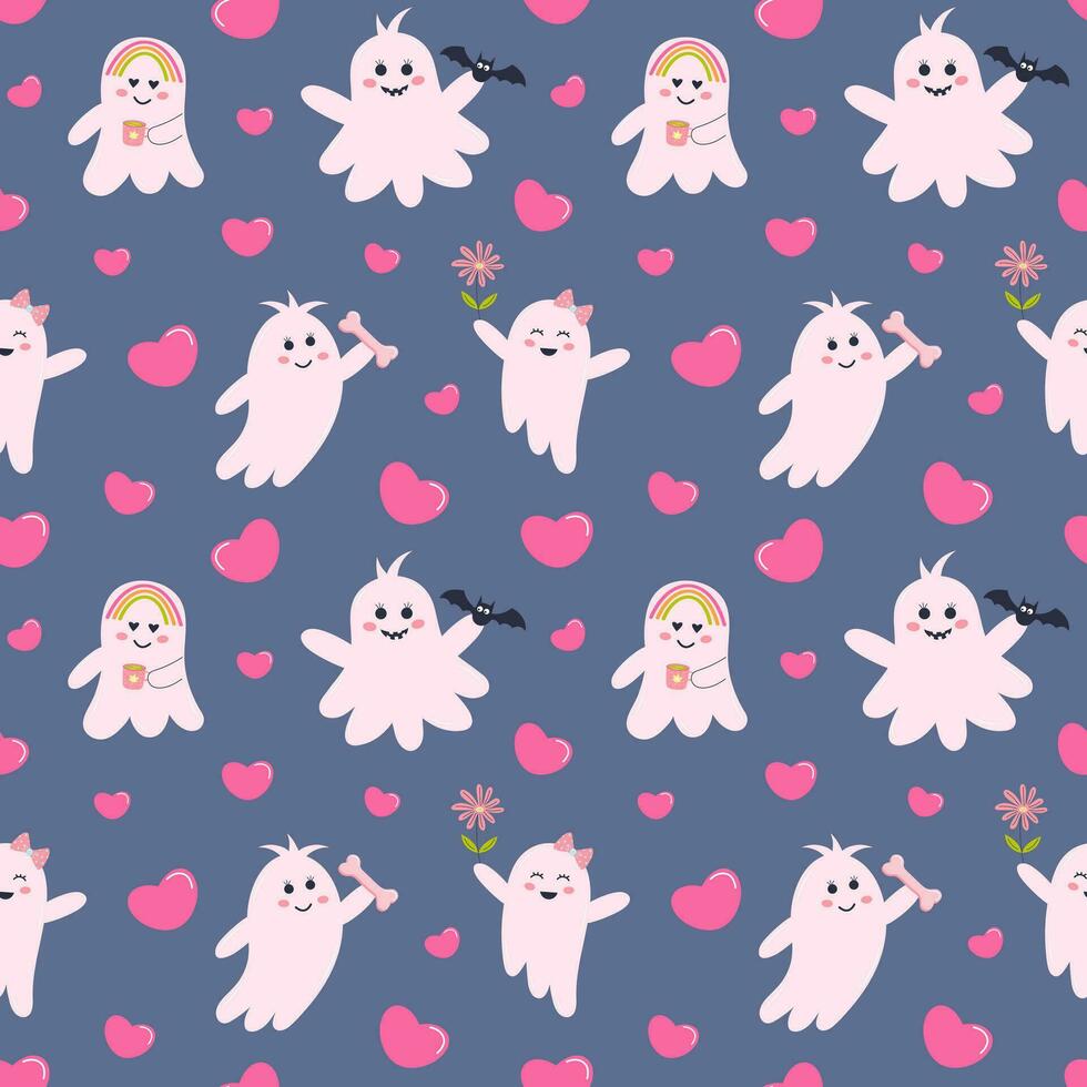Cute pink halloween ghosts and hearts seamless pattern. Pastel glamour print for wrapping and textile. vector