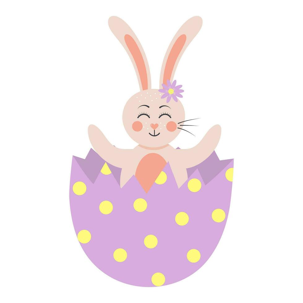 linda Conejo sentado en un agrietado huevo. Pascua de Resurrección conejito muchacha. dibujos animados bosque personaje. vector