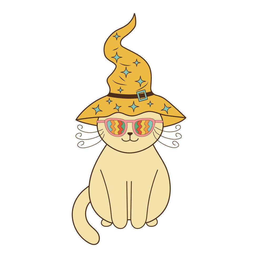 Groovy halloween cat in rainbow glasses and witch hat. Psychedelic hippie character. vector