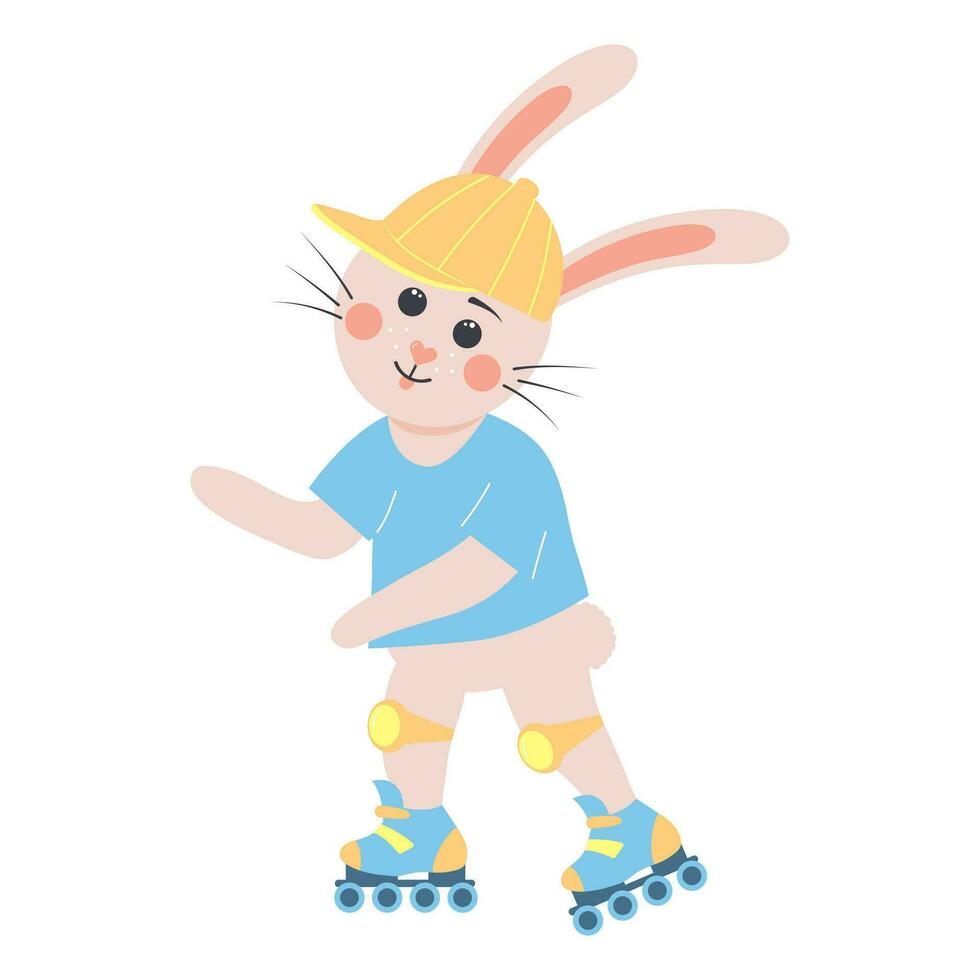 linda Conejo rodillo Patinaje. conejito chico en un gorra con rodilla almohadillas y en rodillo patines dibujos animados bosque personaje. vector