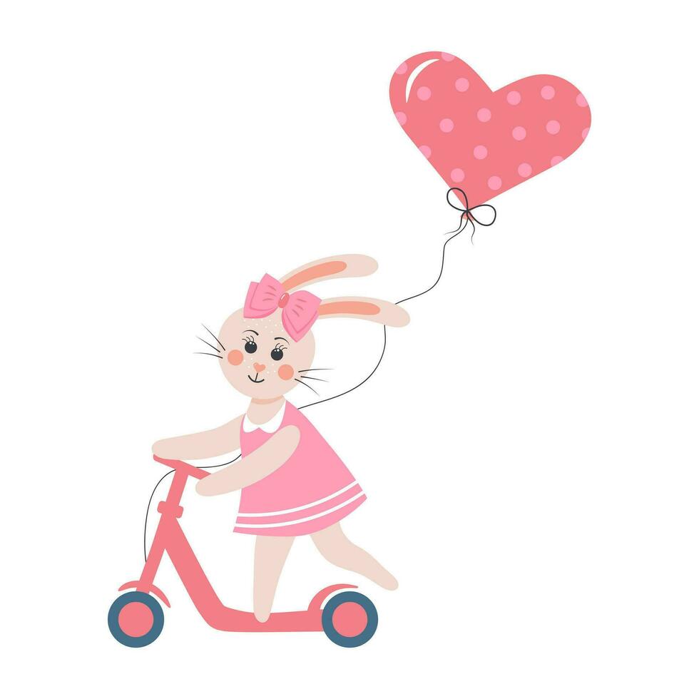 Cute rabbit rides a scooter. Bunny girl in a dress with heart balloon. Cartoon forest character. vector