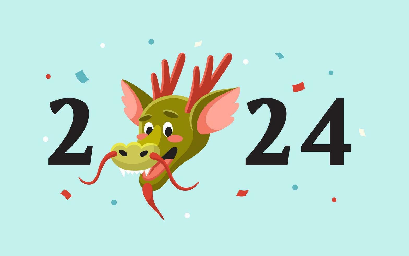 2024 year text with Chinese Dragon head and confetti, happy new year postcard template. Symbol of lunar new year. vector