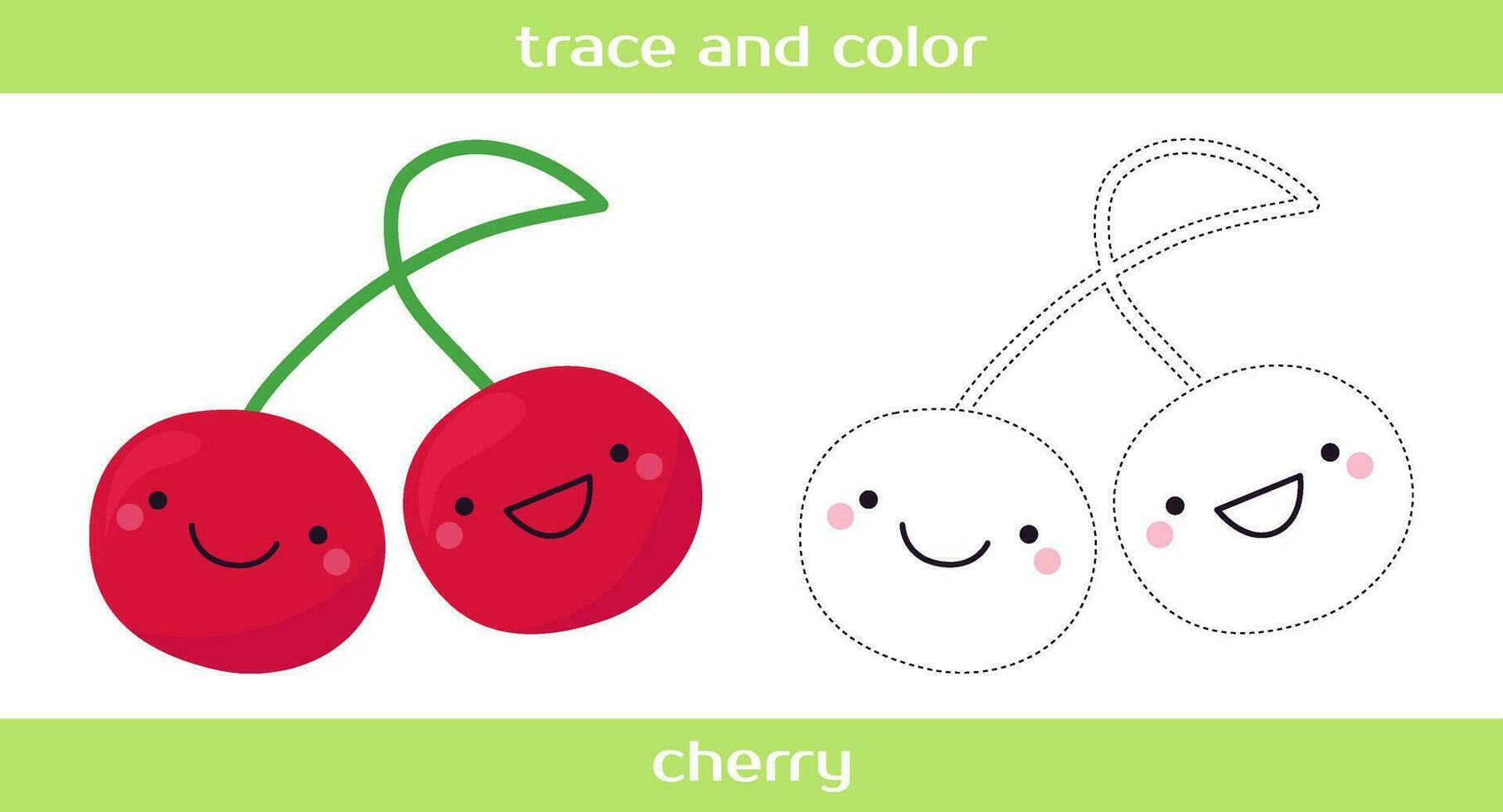 Educational worksheet Trace and color cute kawaii cherry. vector