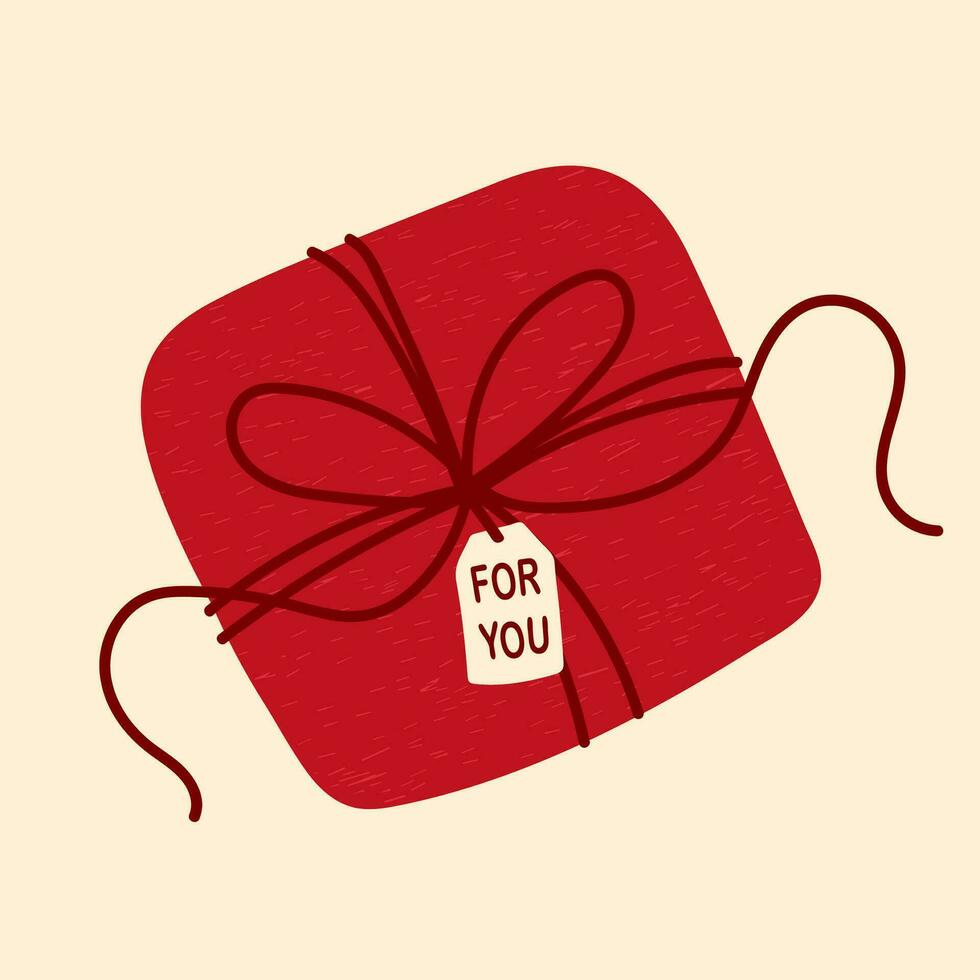 Drawn in flat style red gift wrapping, inscription for you on the label, trendy retro colors. vector