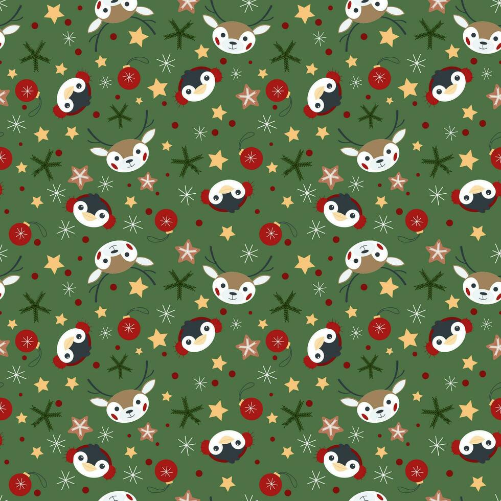 Vector Xmas seamless pattern with Christmas animals penguin and deer head, star, snowflake, decorations, gingerbread star, noel tree branch .