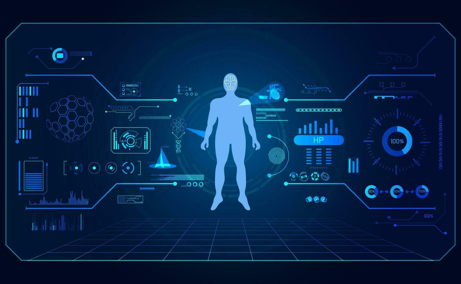 resumen tecnología ui futurista concepto humano salud hud interfaz holograma elementos de digital datos cuadro, comunicación, informática y circulo por ciento vitalidad innovación en Hola tecnología vector