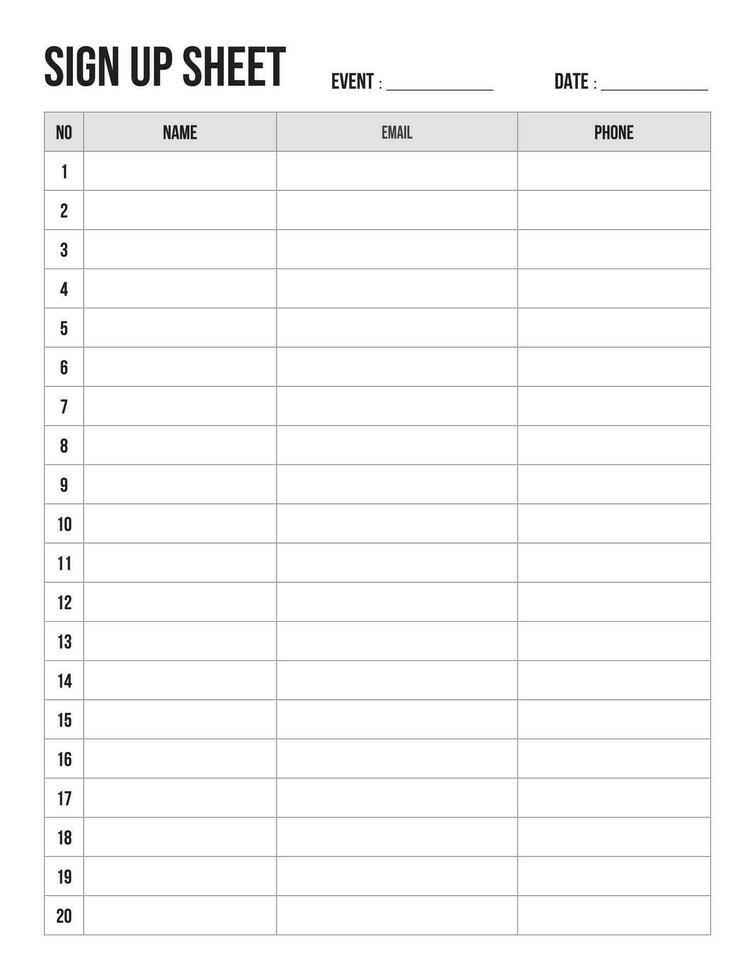 Sign Up Sheet Printable, template or event planning vector