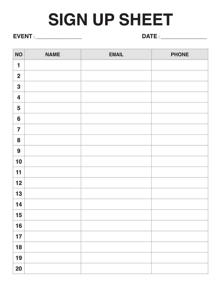 Sign Up Sheet, template for event planning printable vector