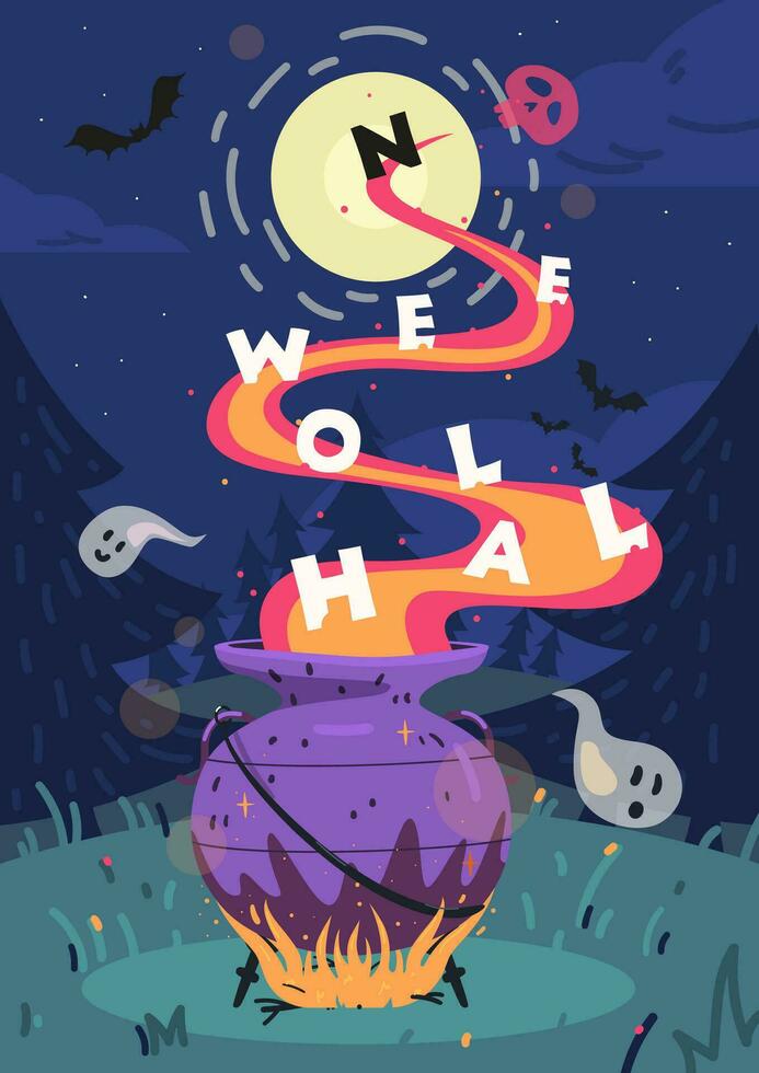 Halloween vector banner. Witch cauldron with potion on the fire in the night forest. Halloween background.