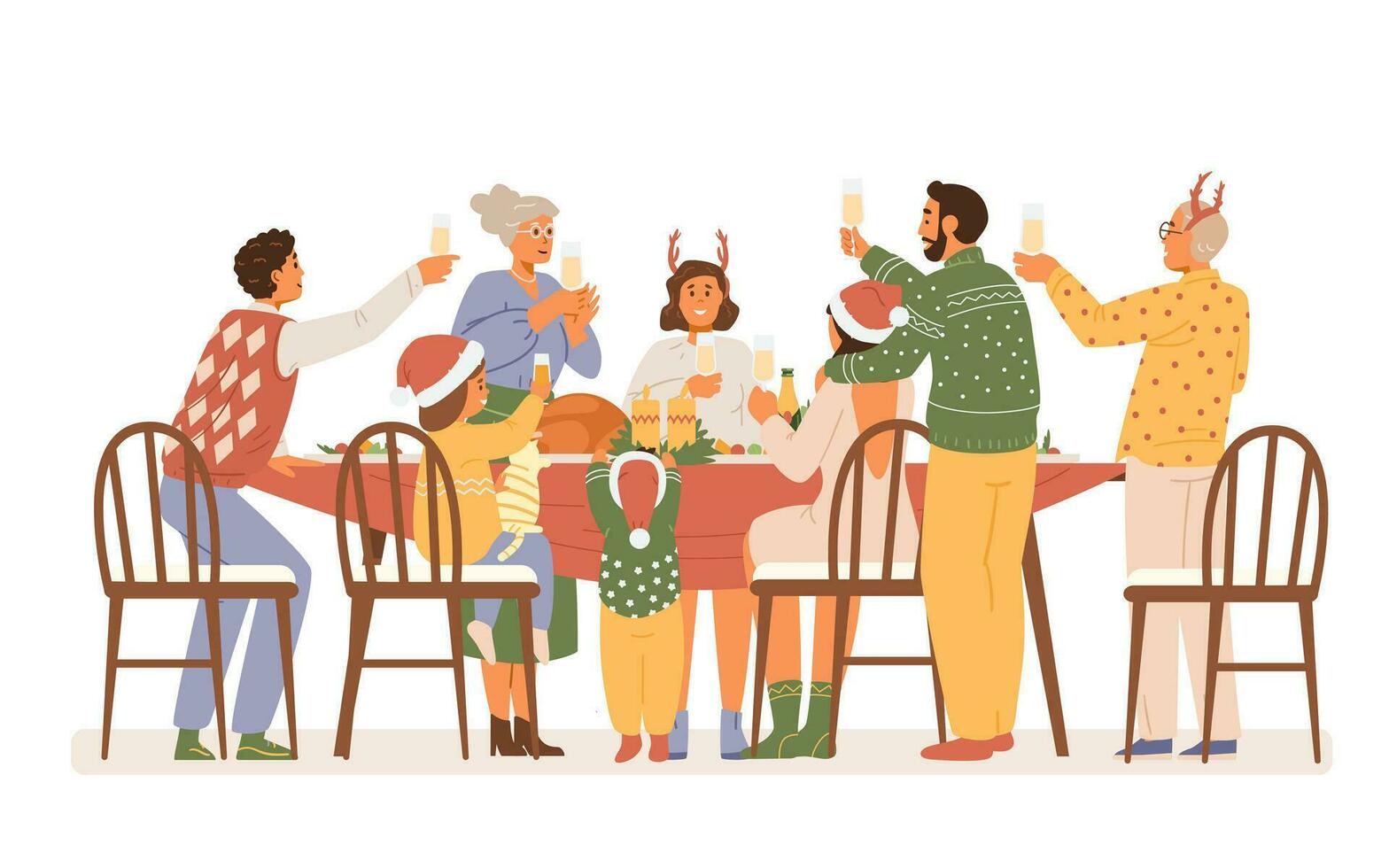 Navidad familia fiesta a hogar plano vector ilustración. personas en Navidad atuendo a cena mesa con lentes de champán riendo y haciendo un tostada.