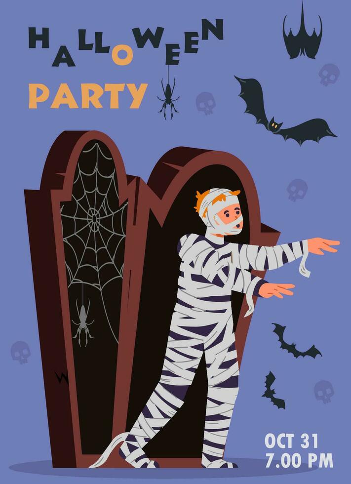 Halloween kids party invitation with boy in mummy costume walking out of coffin vector illustration.