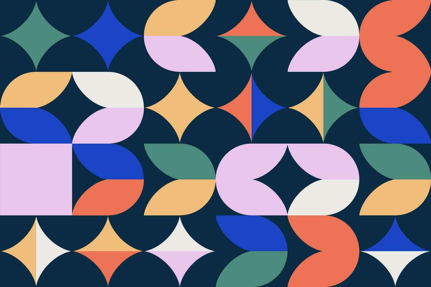 Colorful abstract design with simple geometrical shapes and figures. Minimalistic background in scandinavian retro style. Trendy Bauhaus pattern. Vector flat illustration