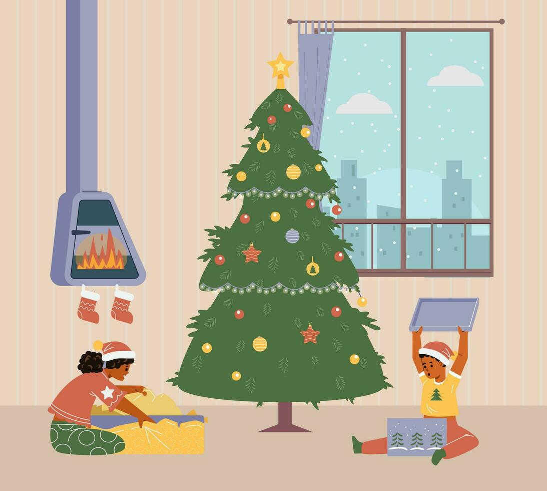 African American brother and sister near Christmas tree opening gifts flat vector illustration. Excited kids boy and girl in Christmas outfit unwrapping presents.