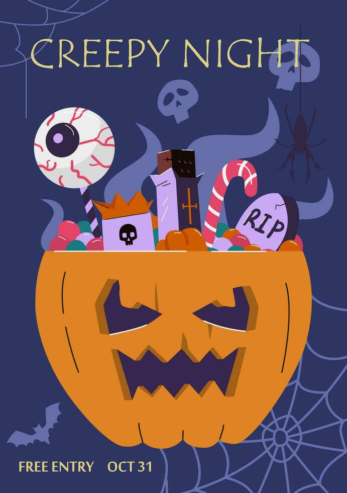Halloween creepy night party invitation with vector illustrations. Scary pumpkin with Halloween sweets inside.