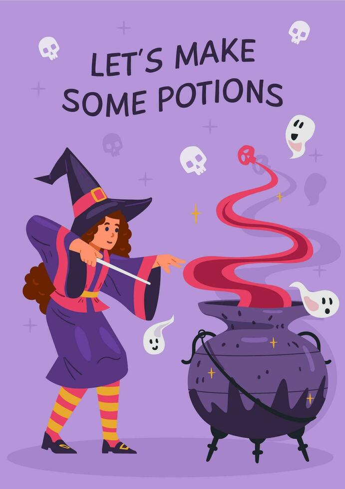 Halloween kids party invitation with cute girl in witch costume making potion in big cauldron vector illustration.