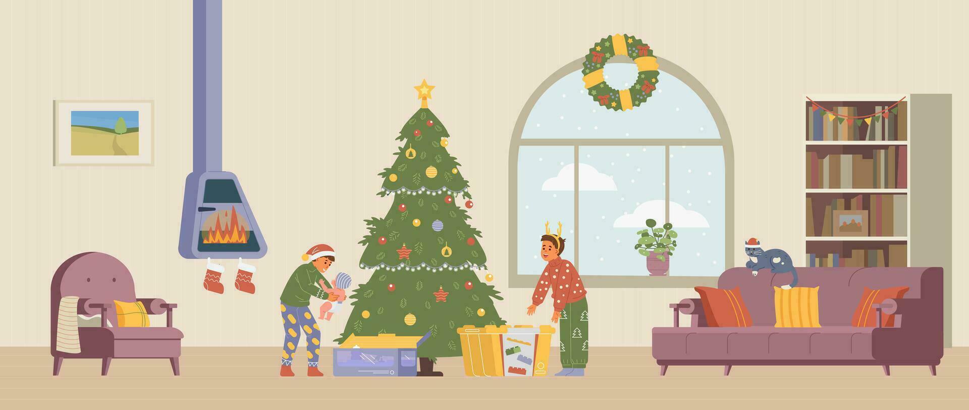 Christmas morning happy kids opening gifts near Christmas tree flat vector illustration. Living room interior with Christmas decorations.