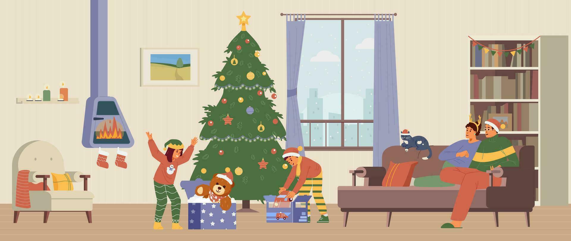 Navidad Mañana familia reunión plano vector ilustración. niños apertura regalos, padres sentado en el sofá. vivo habitación interior con Navidad decoraciones