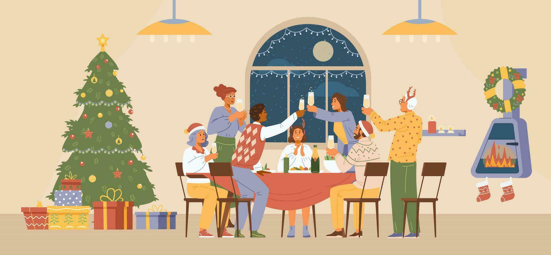 Christmas party at home flat vector illustration. Friends at dinner table with glasses of champagne laughing in cozy living room with Christmas decorations.
