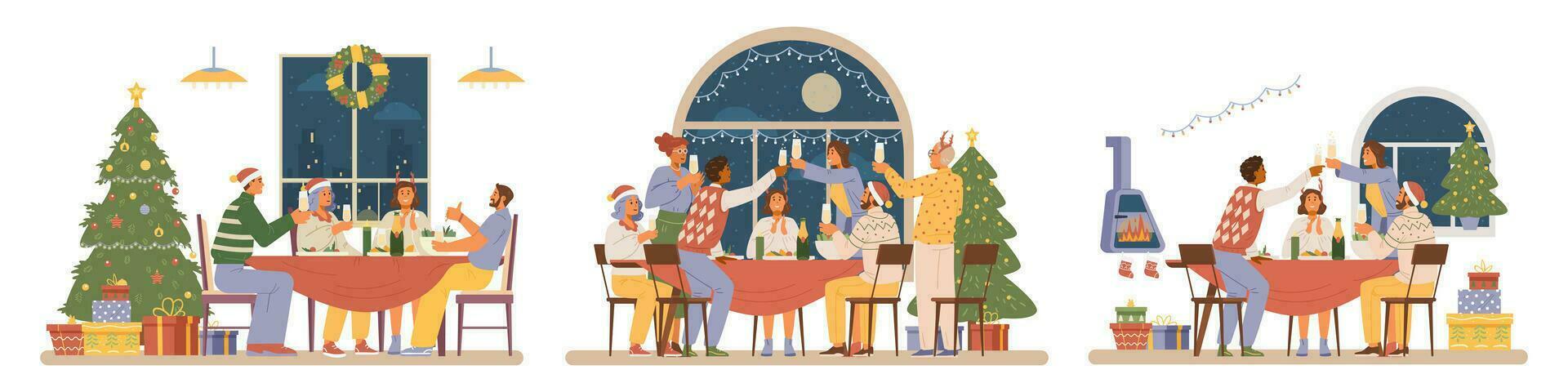 Christmas party at home flat vector illustrations set. Friends at dinner table with glasses of champagne laughing near Christmas tree with gift boxes.
