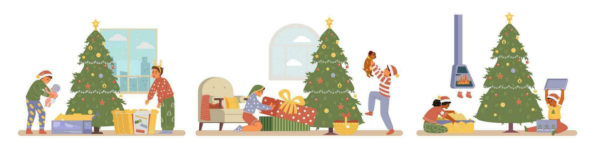 contento niños apertura regalos cerca Navidad árbol plano vector escenas colocar. emocionado multirracial niños en Navidad atuendo desenvolviendo regalos a hogar.