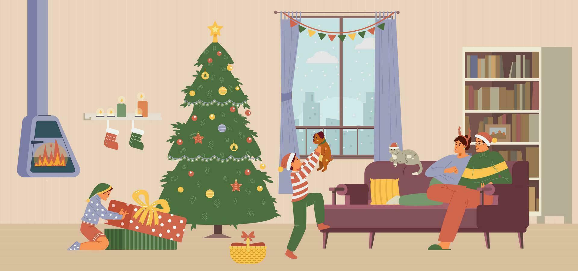 Christmas morning family gathering flat vector illustration. Kids opening gifts, parents sitting on the couch. Living room interior with Christmas decorations.