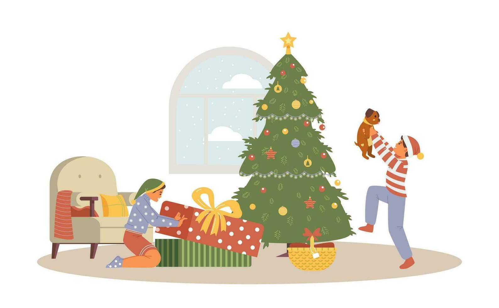 Brother and sister near Christmas tree opening gifts flat vector illustration. Excited kids boy and girl in Christmas outfit unwrapping presents. Girl opening big gift box. Boy holding puppy.