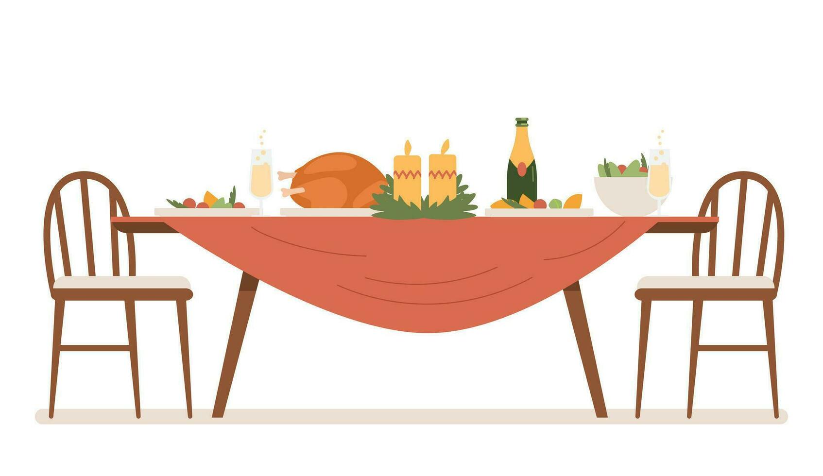 Christmas dinner table with food and champagne flat vector illustration isolated on white. Table with red cloth served with turkey, salad, plates and glasses, bottle of champagne and candles.