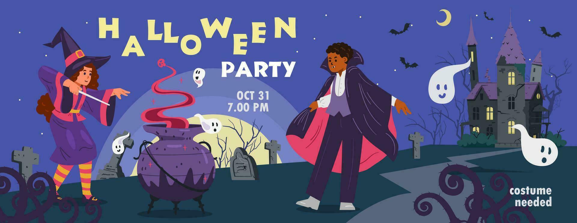 Halloween kids party invitation vector banner. Night landscape with creepy old castle and children in Halloween costumes.
