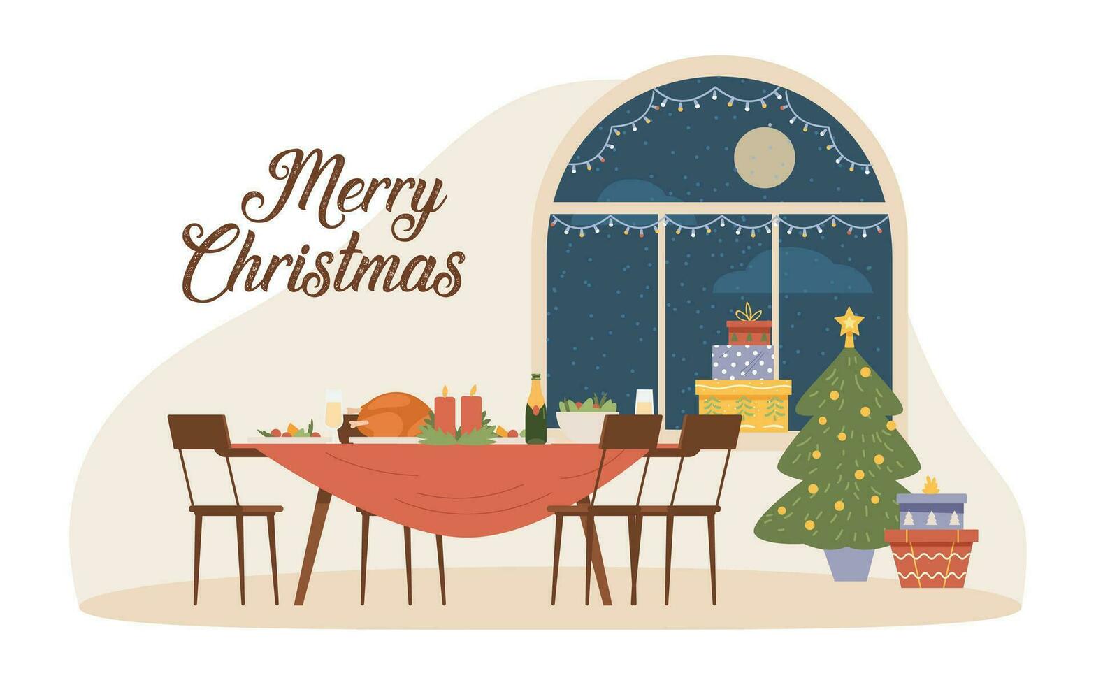 Christmas night interior flat vector illustration. Served dinner table with champagne and food, Christmas tree with present boxes near large window with snow falling. Merry Christmas greeting card.