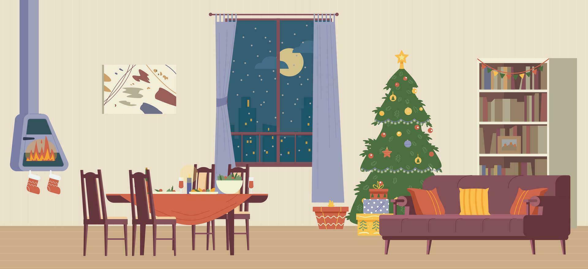 Living room interior with Christmas decorations flat vector illustration. Christmas eve with decorated Christmas tree with present boxes, fireplace with stockings and table served.