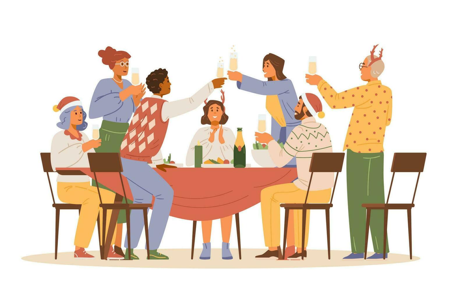 Christmas party at home flat vector illustration. Friends at dinner table with glasses of champagne laughing and making a toast.