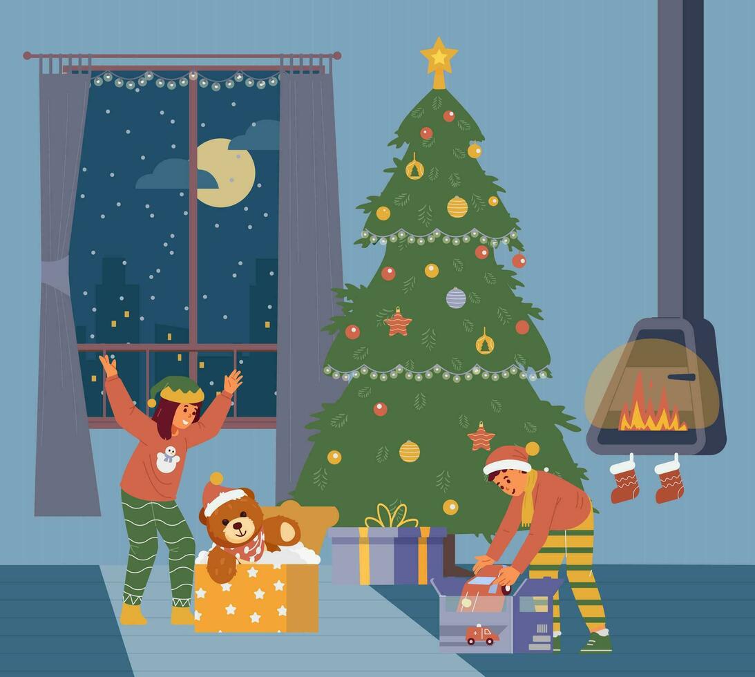Brother and sister opening Christmas gifts at night flat vector illustration. Excited kids in Christmas outfit near Christmas tree unwrapping presents.