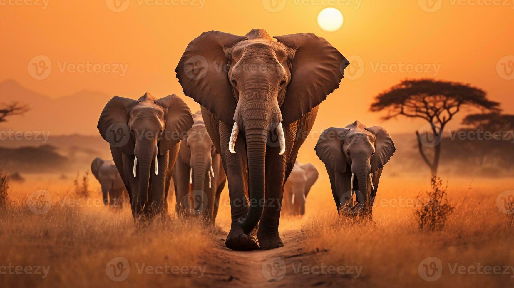 Serene Scene of Elephants Walking Through Dry Grassland Generative AI photo