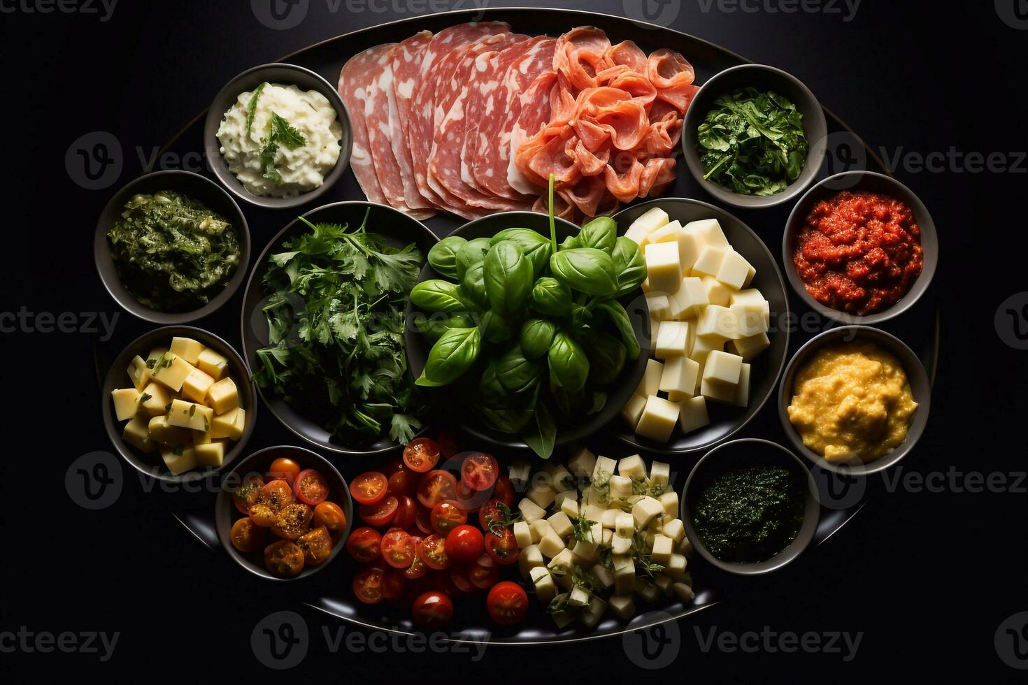 Wholesome Feast Beef Chicken Onion Tomato Oil Green Leaf on Table Generative AI photo