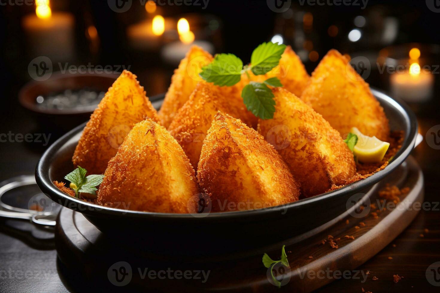 sabroso banquete crujiente pollo samosa plato yogur vaso generativo ai foto