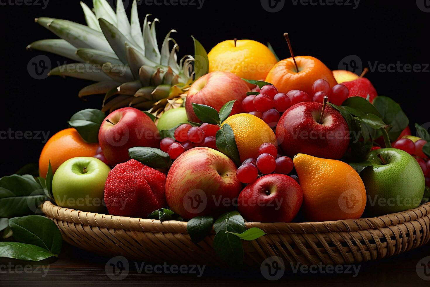 Flavorful Canvas Closeup Image of Fruits in Basket Created with Generative AI's Expertise photo