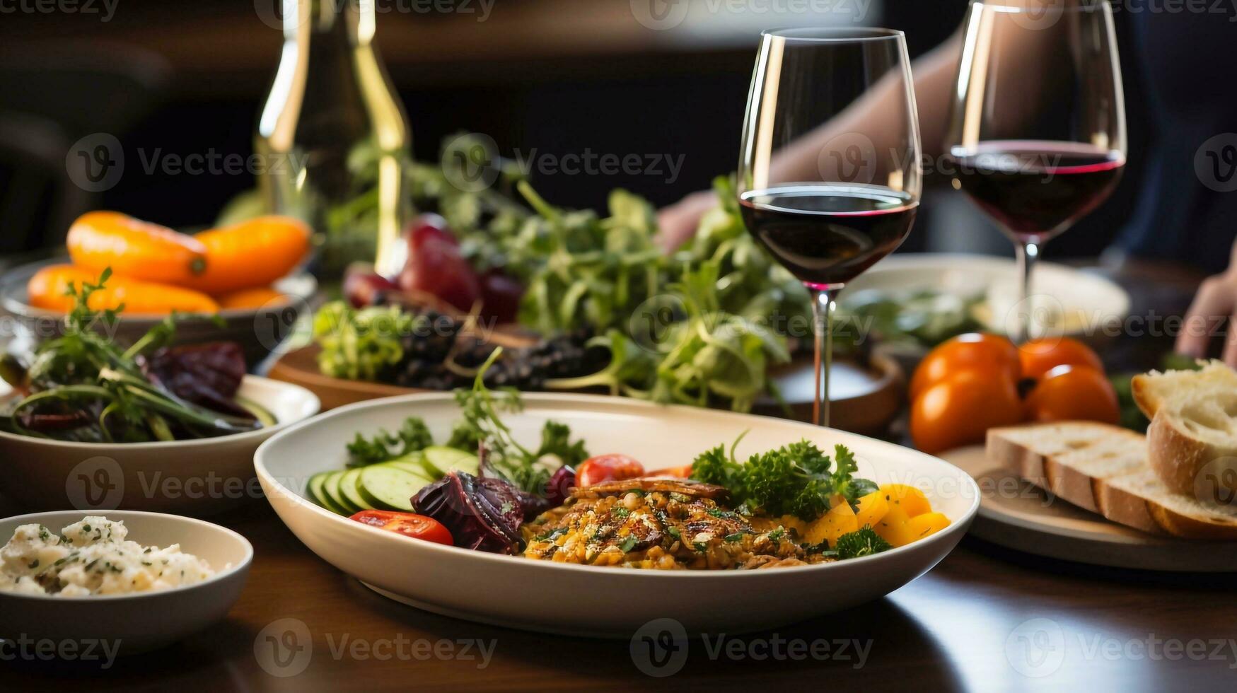 Culinary Presentation Table Set with Plates of Food and Glasses Generative AI photo